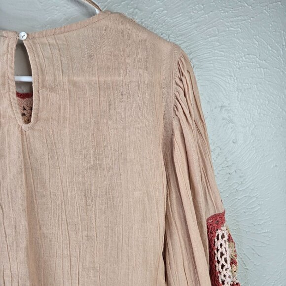 Zara Crochet Crop Top S Light Pink Linen Boho Cottage Hippie Long Sleeve Shirt - Picture 11 of 12